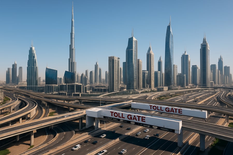 Dubai cityscape with modern highways and toll gates Dubai cityscape with modern highways and toll gates