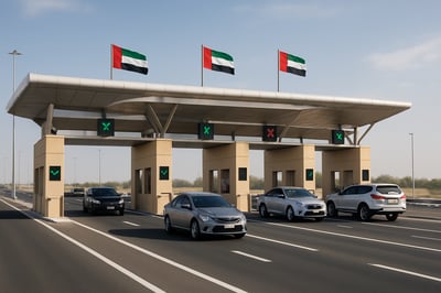 Modern toll gate on a UAE highway with cars passing through Modern toll gate on a UAE highway with cars passing through