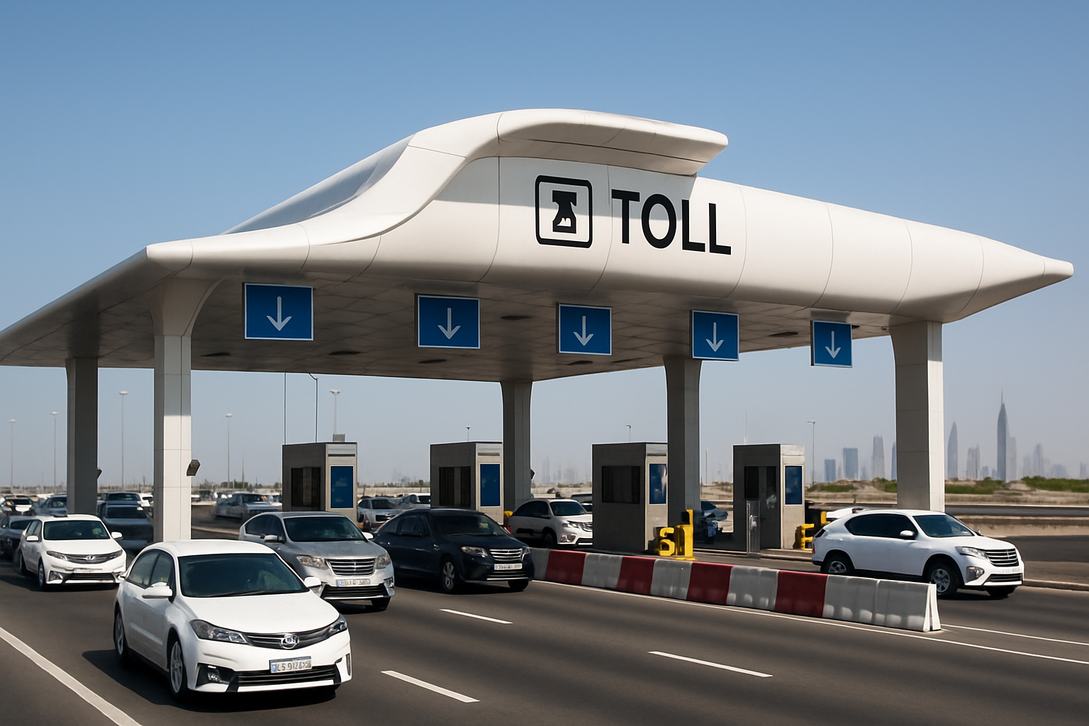 Modern toll plaza on a busy UAE expressway